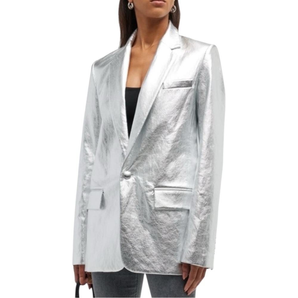A.L.C. Dakota Metallic Silver Notch Lapel Blazer sz 4 Long Sleeves Vegan Leather